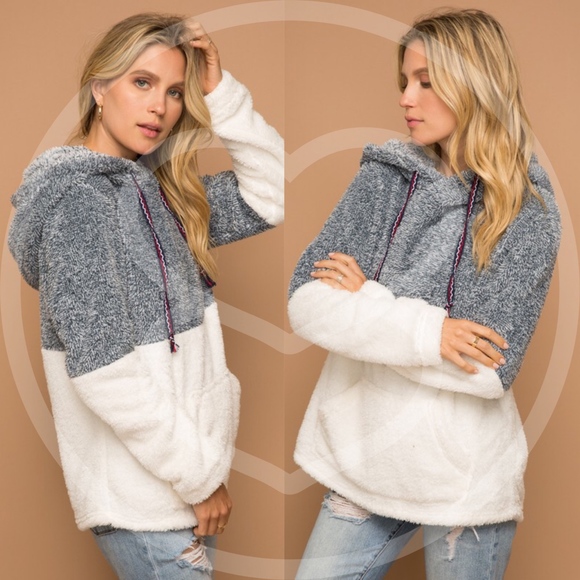 GEORGIA Color Block Faux Fur Hoodie Top - CHARCOAL - Picture 3 of 3